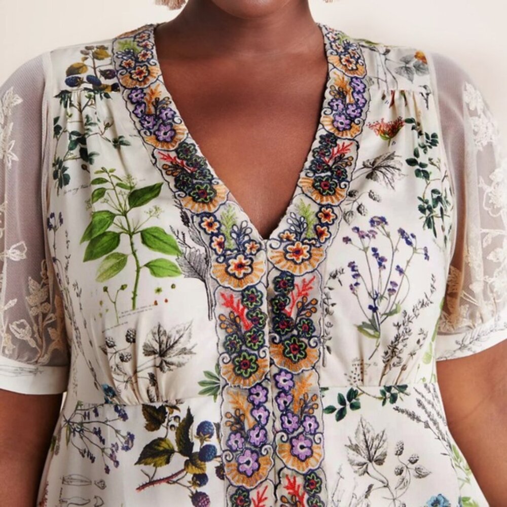 Anthropologie Women’s XS Donna Floral Embroidered Cream Midi Dress Cottagecore - Picture 3 of 12